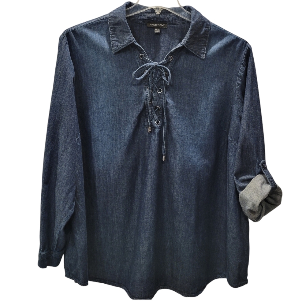 Lane Bryant Denim Style 100% Cotton Lace-Up Women's Size 22/24 Roll-Up Sleeves